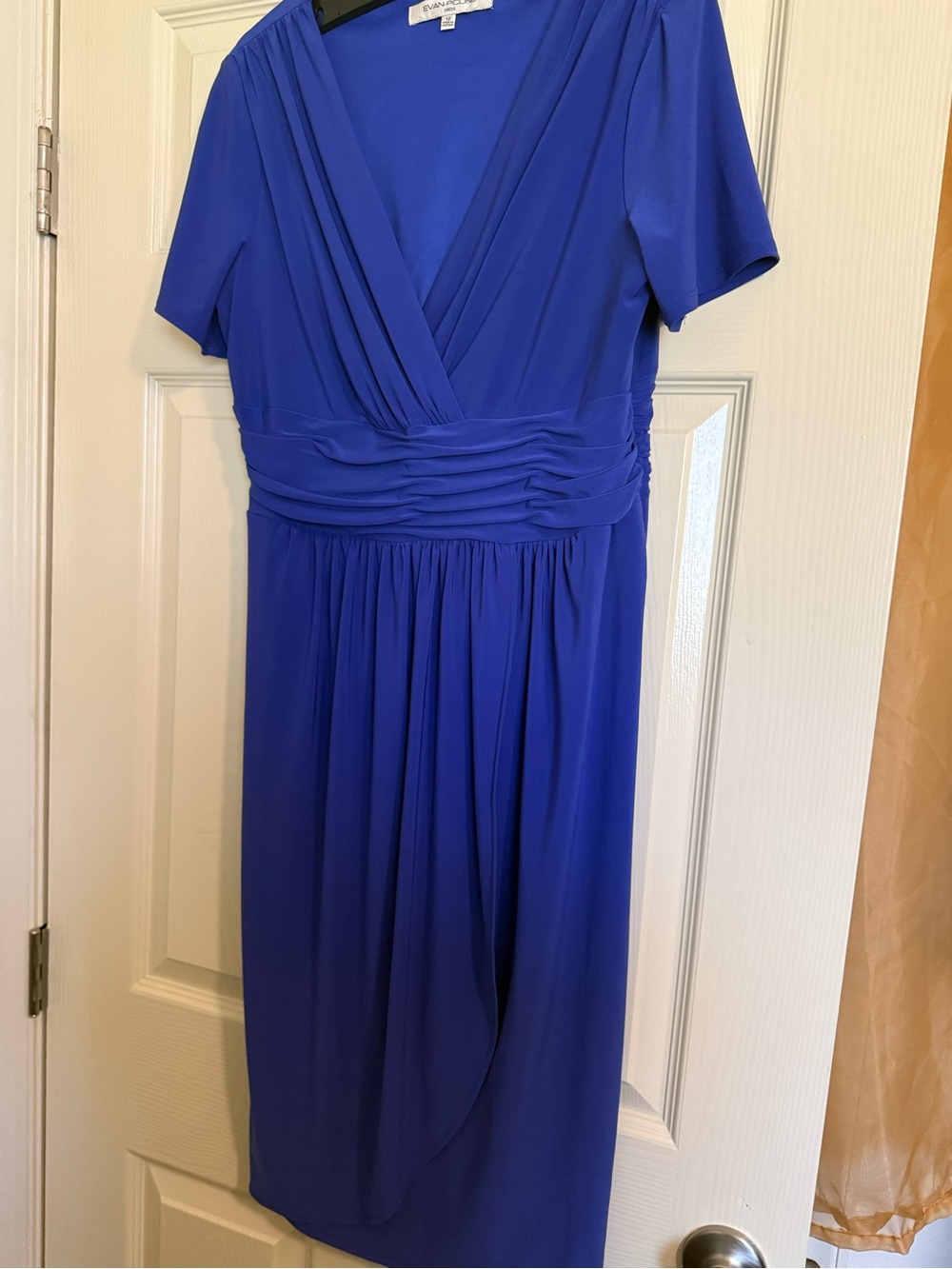 Evan Picone Cobalt Blue V-Neck Ruched Midi Dress